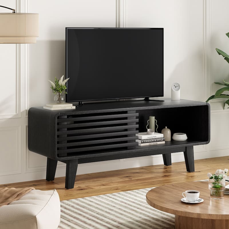 TV Stand for TV Up to 59 Inch, Entertainment Center with Storage Cabinet and Sliding Door, Mid-Modern Century Console Table