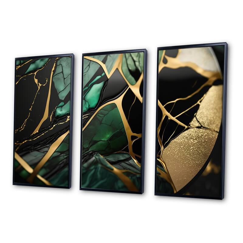 Designart "Abstract Geode Green III" Abstract Marble Framed Canvas Art Print - 3 Panels