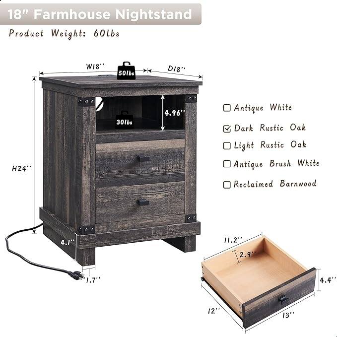 18" Farmhouse Nightstand with Charging Station, Night Stand, End Table