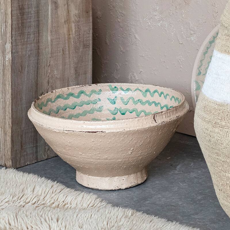 Hand-Painted Terra-cotta Bowl with Distressed Finish - 16.5"L x 16.5"W x 8.3"H