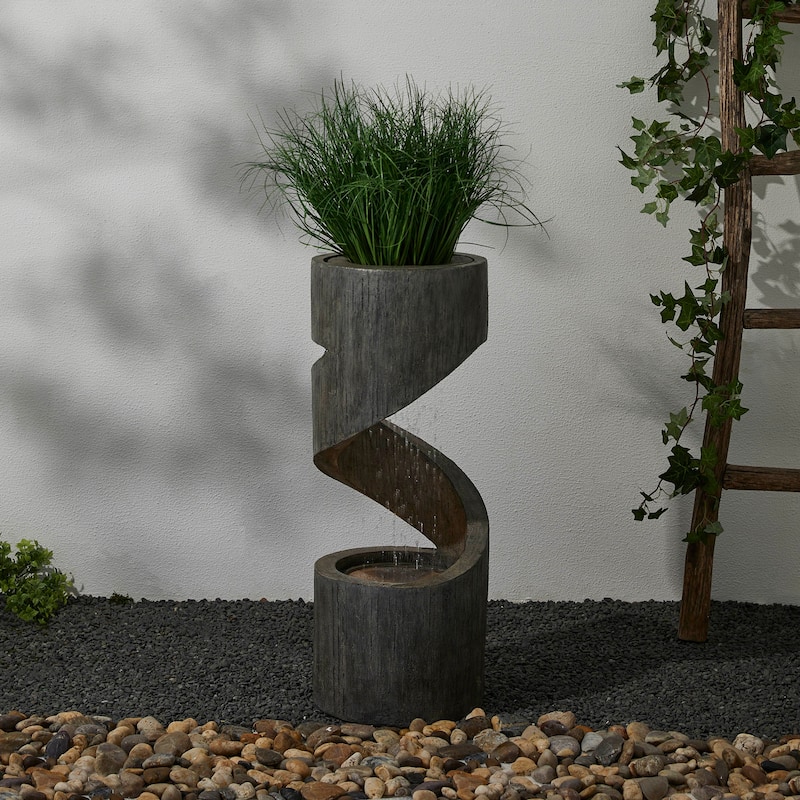 Glitzhome Modern Minimalist Spiral LED Polyresin Outdoor Fountain with Small Planter