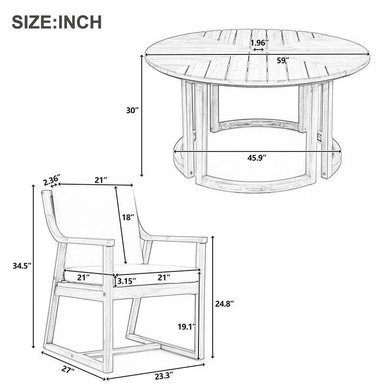 Round Patio Dining Table Set for 6 with Umbrella Hole Durable Acacia Wood Outdoor Furniture