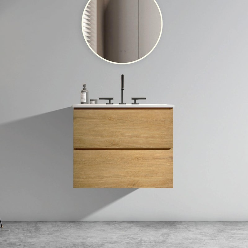 Wall-Mount Bathroom Vanity with Ceramic Sink - Three Faucet Holes - Oak - 24 inch