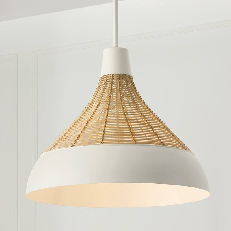 1-Light Boho Pendant in Matte White with Handcrafted Natural Rattan
