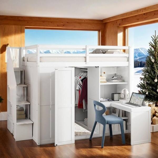 slide 2 of 12, Full Size Bunk Bed with Wardrobe, Desk and Shelves, White White