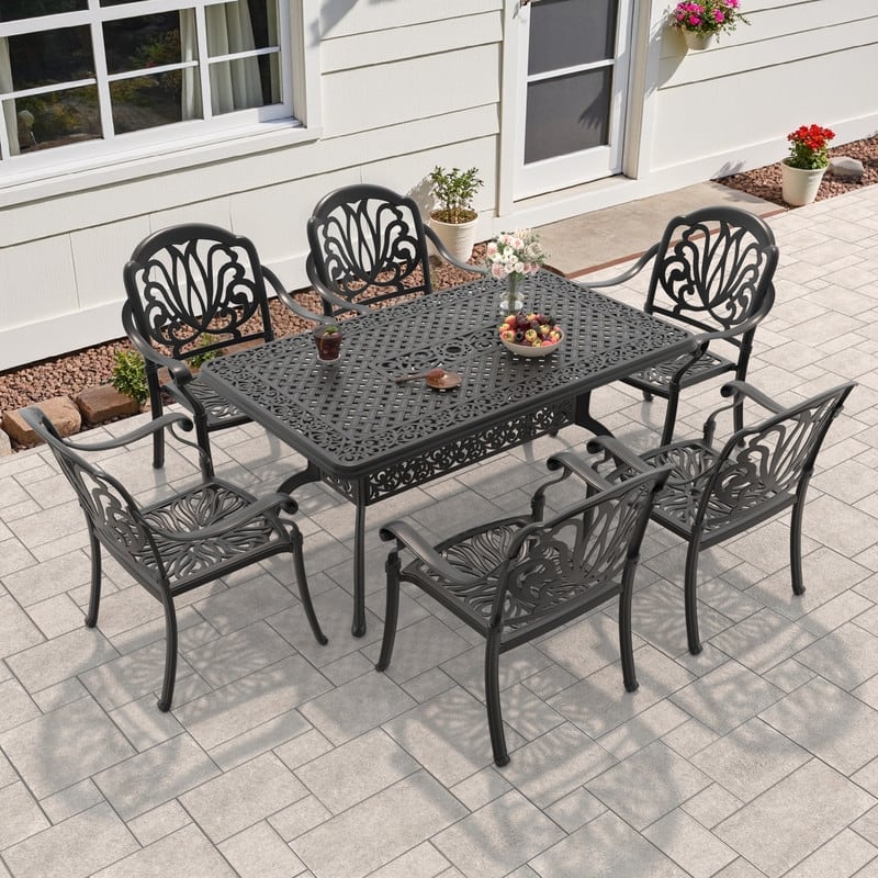 5/7-Piece Cast Aluminum Outdoor Dining Set with 59.06'' L X 35.43'' W Rectangular Table and Seat Cushions