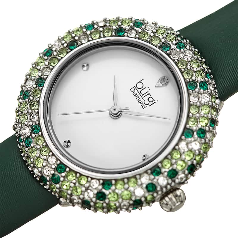 Burgi Ladies Vibrant Colorful Swarovski Crystal Diamond Satin Leather Strap Watch