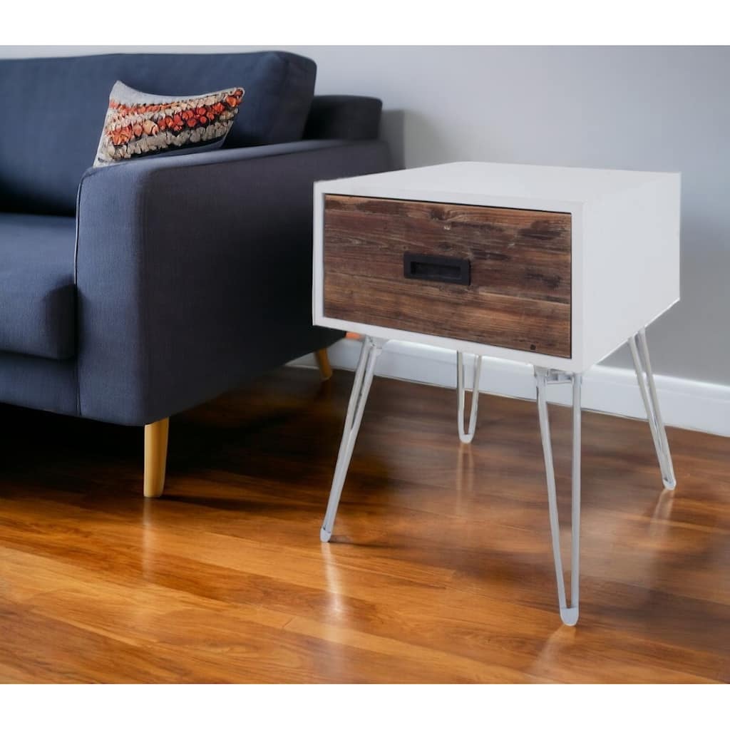 HomeRoots 23" Brown And White Wood And Metal Square End Table With Drawer - 18' X '23' X '18