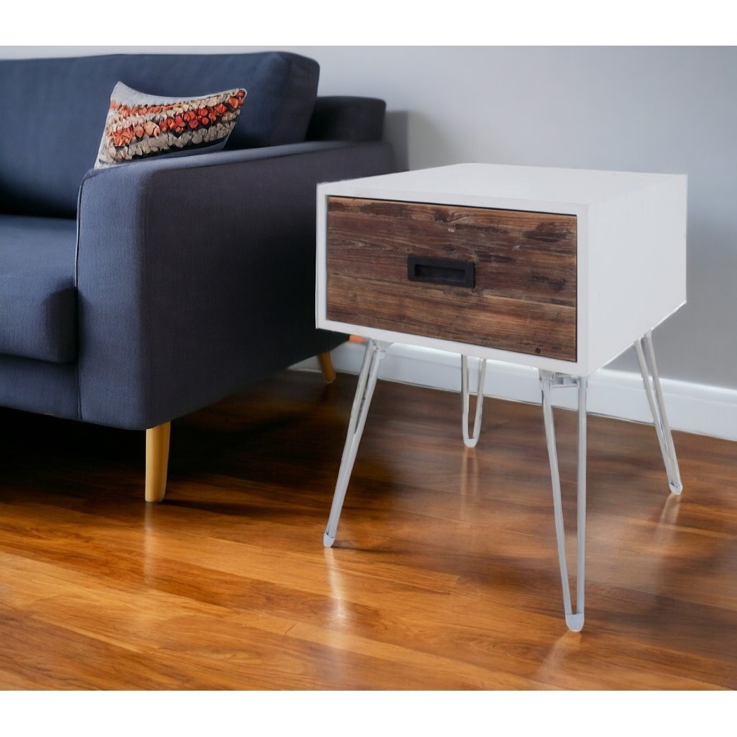 HomeRoots 23" Brown And White Wood And Metal Square End Table With Drawer - 18' X '23' X '18