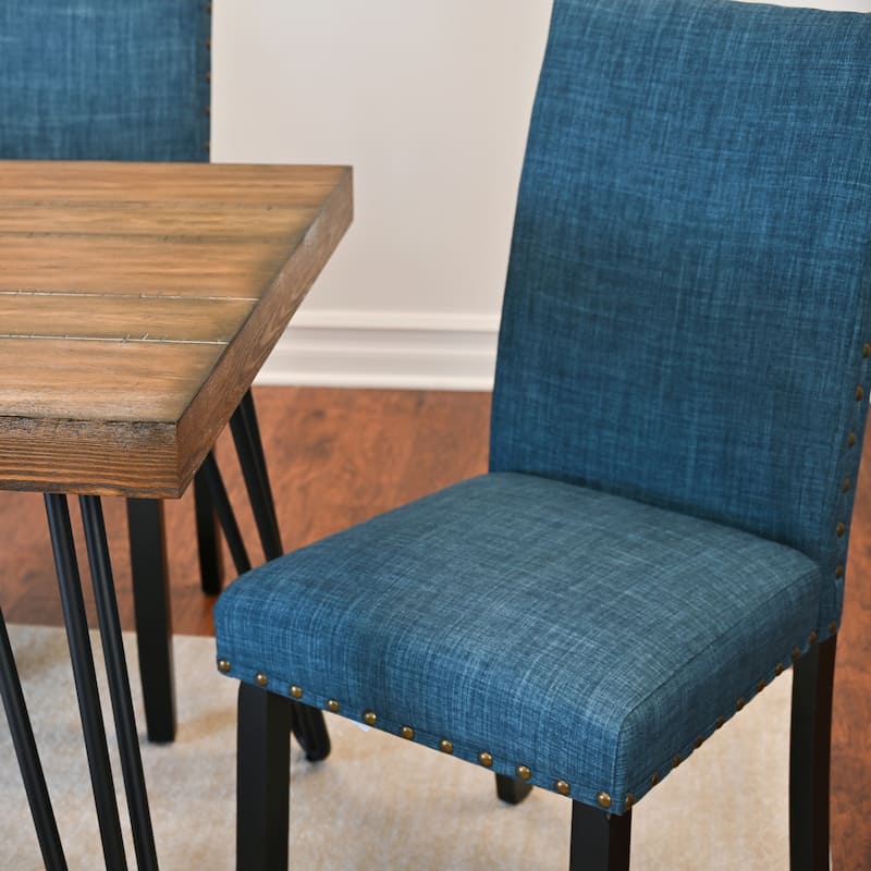 Country Kitchen Dining Table and Chair Sets with High-Back Brass Nailhead Chairs and Metallic Hairpin Base for Dining Room