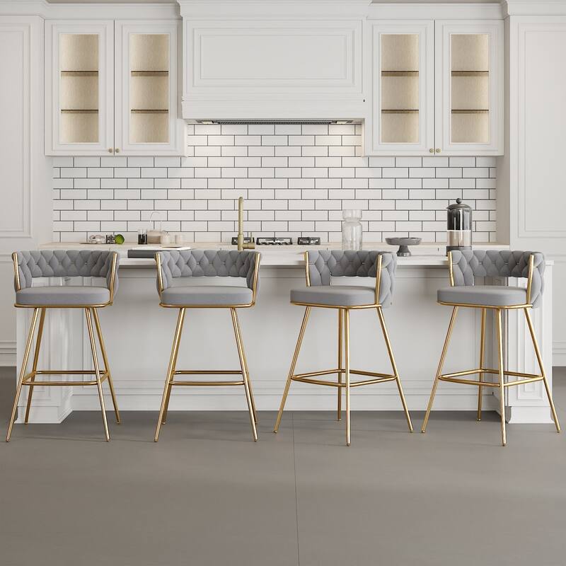 Javlergo Set of 2/4/6 Counter Height Bar Stools, 26.77" Upholstered Woven Back Bar Chairs with Armrests and Footrest - Grey - Set of 4