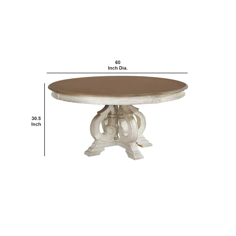 Dual Tone Round Wooden Dining Table with Pedestal Base, Antique White