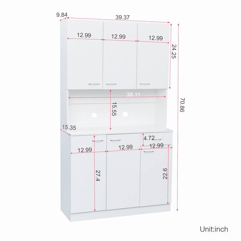 Roomfitters 70.87" Tall Kitchen Pantry Cabinet, Freestanding Buffet with 6 Doors, Drawer & Open Shelf