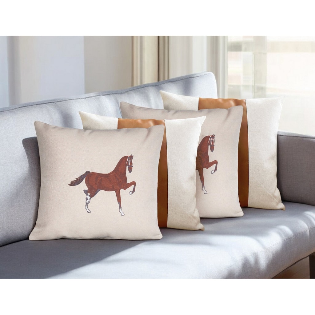 HomeRoots Set Of Four 18" X 18" Beige And Brown Horse Faux Leather Zippered Pillow With Embroidery