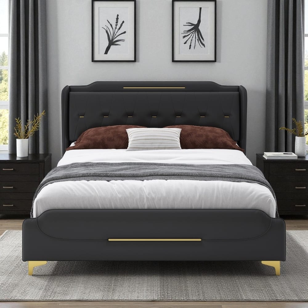 Queen/King PU Leather Upholstered Platform Bed with Wingback Headboard & Footboard, Gold Metal Accents and Wooden Slats