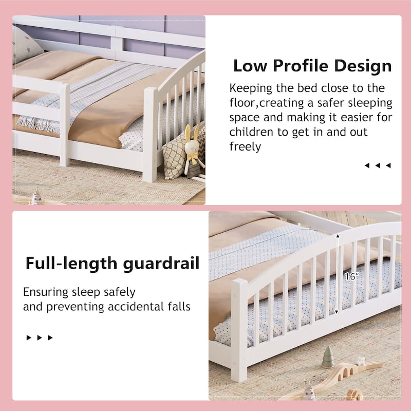 Solid Wood Floor Bed Montessori Bed with Safety Guardrails Without Door