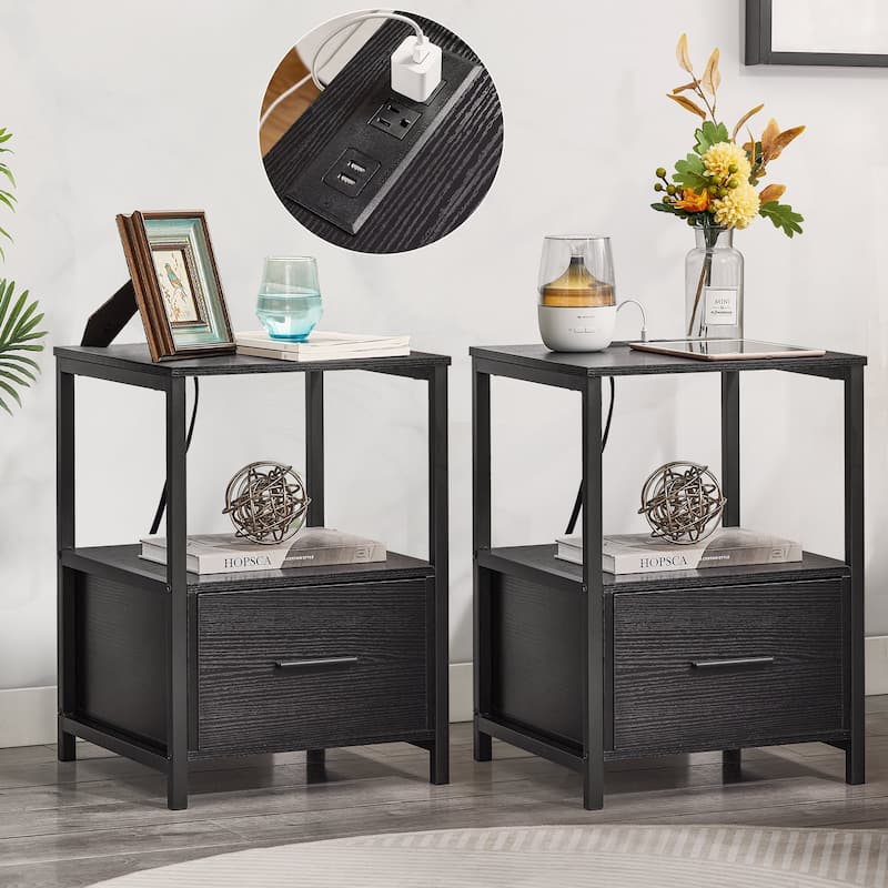 Javlergo Set of 2 Nightstand with Charging Station and Drawers, End Side Tables with Open Storage Shelf - Black