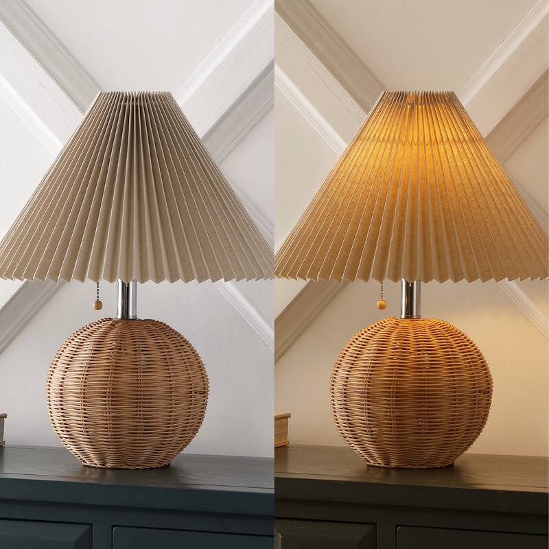 Arvid 17.25" Coastal Scandinavian Resin/Iron Sphere LED Table Lamp with Pleated Shade and Pull Chain, by JONATHAN Y