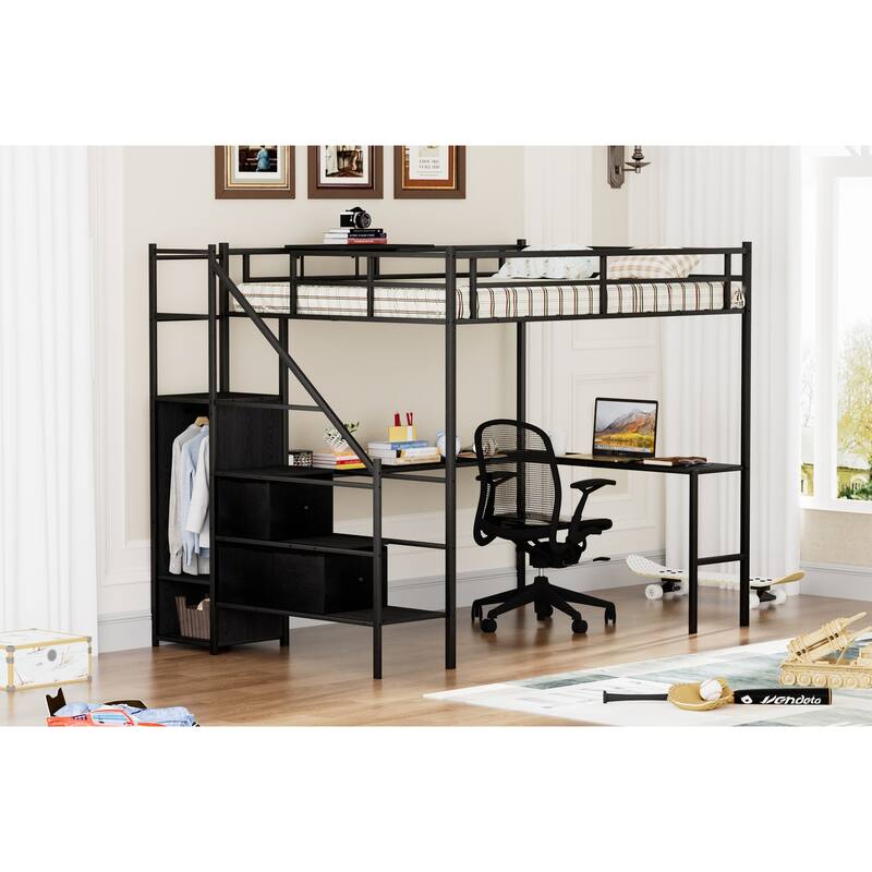Full Size Metal Loft Bed with L-shaped Desk,LED Lights,Charging Cradle,2 Fabric Drawers,Safety Rails and Ladder