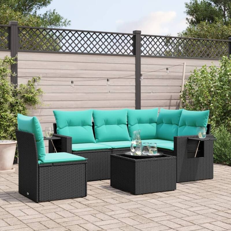 vidaXL 5 Piece Patio Sofa Set with Cushions Black Poly Rattan - 24.4x27.2x24.4-With table