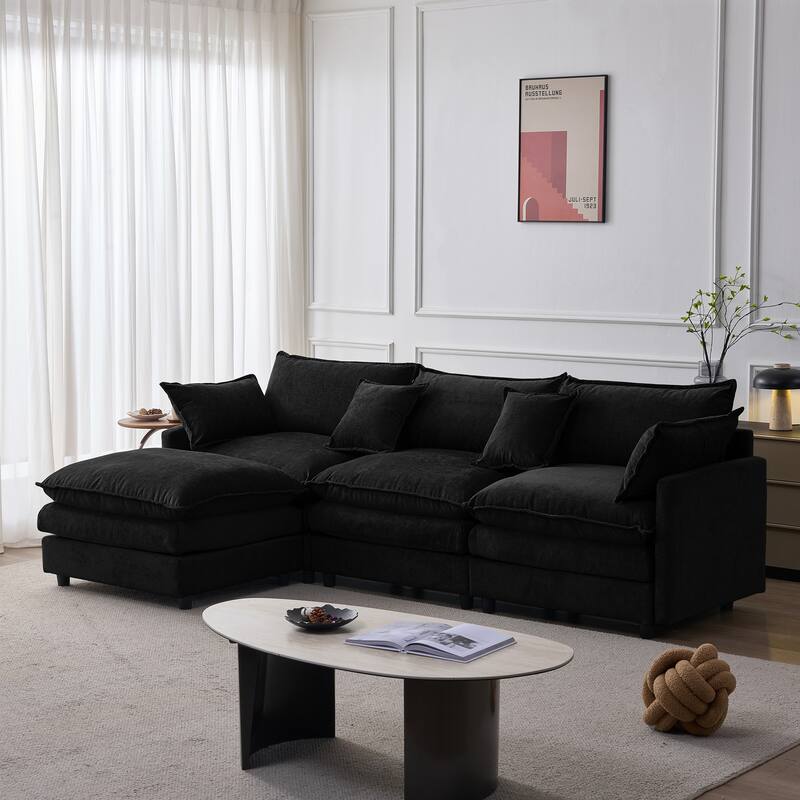 105" Modular Sectional Sofa with Ottoman, Upholstered Chenille Fabric 3-Seater