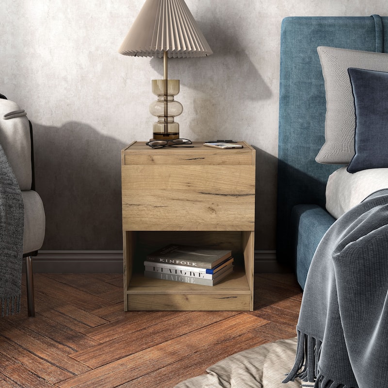 DH BASIC Rustic Light Oak 1-Drawer Nightstand with Charge Stand and Open Shelf by Denhour - Light Oak