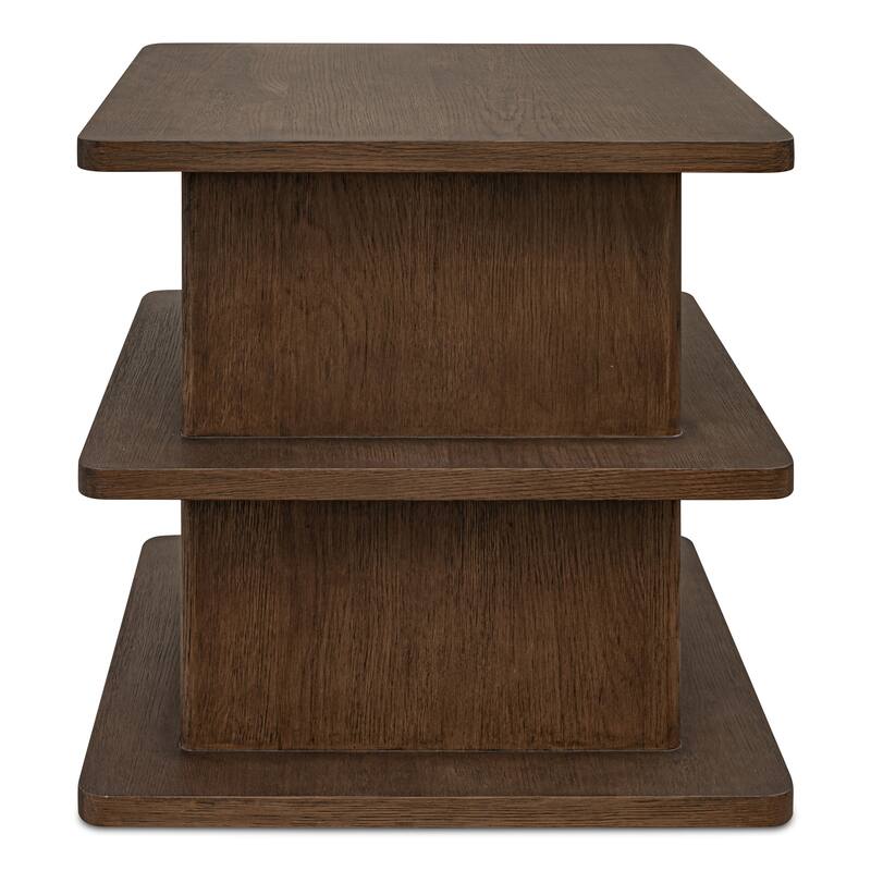 NADAAL STUDIOS Thalor Side Table, Square Dark Oak Top with Rounded Edge Shelves, Solid Oak Detail, Dark Brown