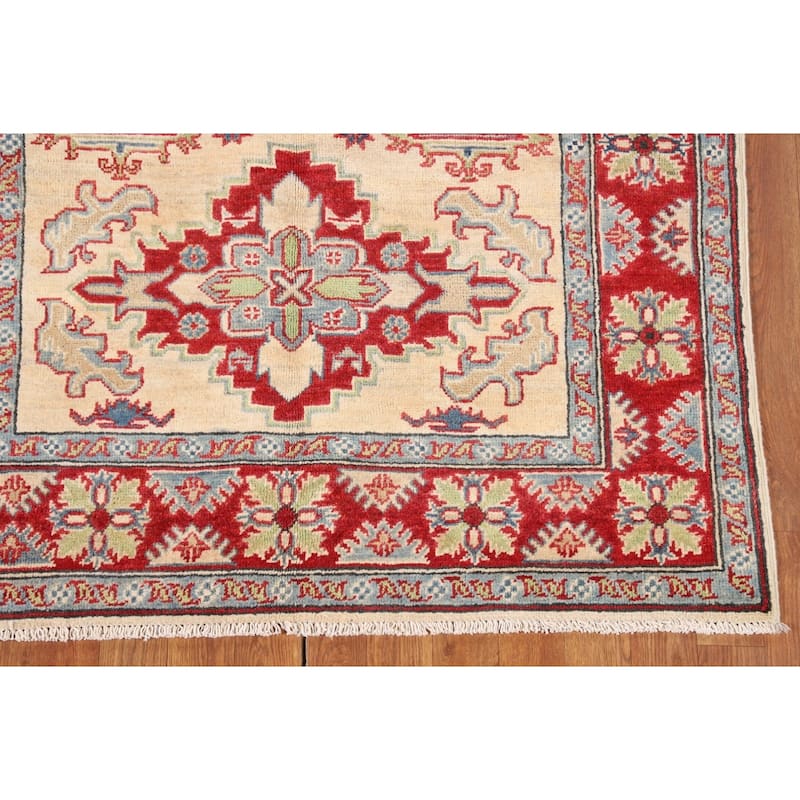 Kazak Oriental Area Rug Handmade Beige Geometric Wool Carpet - 4'0" x 6'5"