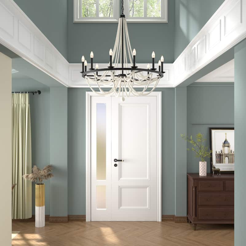 Fidenza 12-light Empire Farmhouse Solid Wood Beaded Chandelier with UL Certified - 37 inches