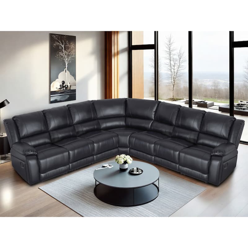 129''W 7-Seat Faux Leather Manual Recliner Large Sectional Reclining Sofa - Black