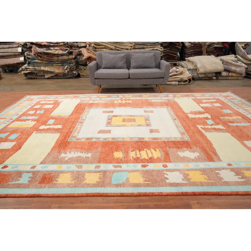 Hand Knotted Oriental 100% Wool Carpet Modern Geometric Oranges & Rust Gabbeh Area Rug - 14' 1'' X 9' 11''