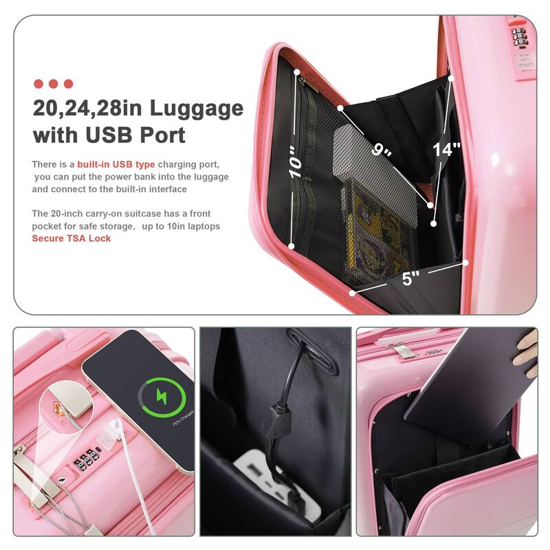 3 Piece High Quality ABS+PC Hard Carry on Suitcase with USB Port and Cup Holder & Spinner Wheels, for Men Women Travel
