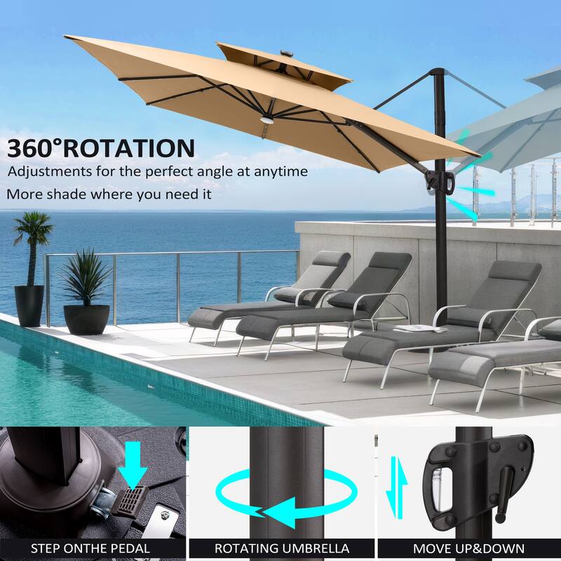 9 X 11 FT Outdoor Patio Cantilever Umbrella with Solar Lights Double Canopy 360 Rotation Tilt