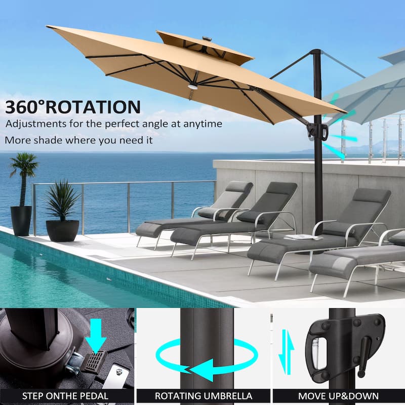 Pellebant 9x11 FT Outdoor Patio Double Top Cantilever Umbrella Solar LED Lighted with Rod Base
