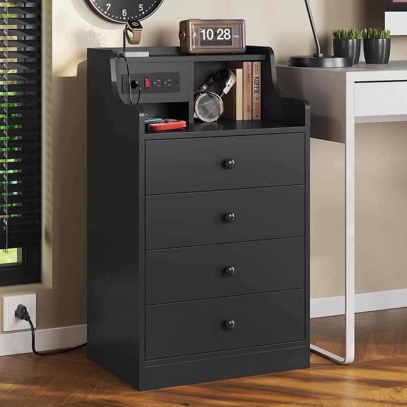 Nightstand with Drawers Charging Station End Side Table with Hutch - Black - 4-drawer