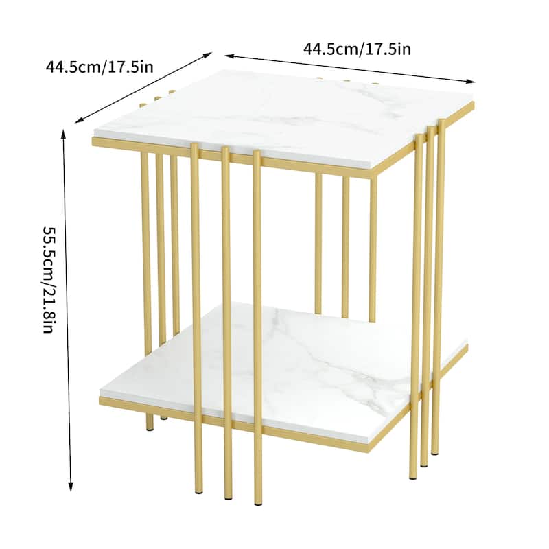 2 Tier Square Side Table Marble Gold Metal Leg Accent End Coffee Desk