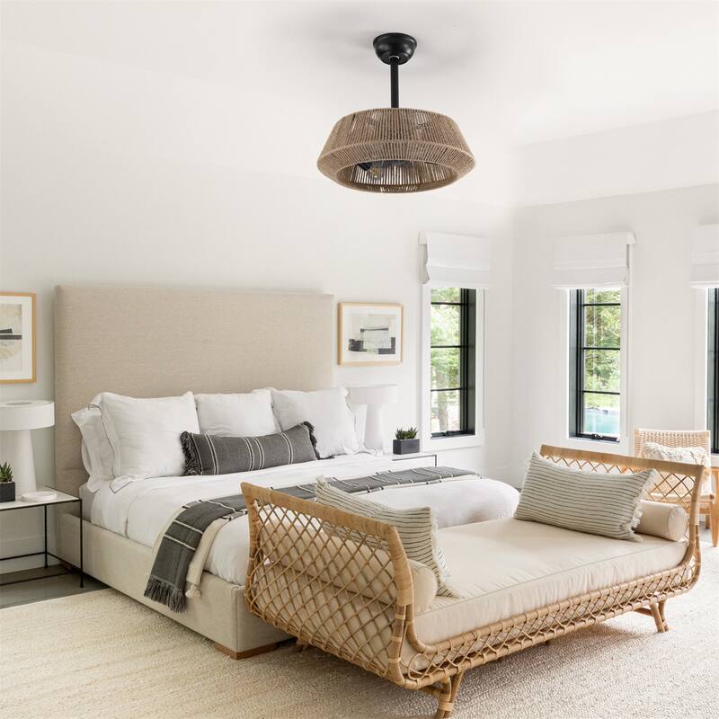 19" Bedroom Fan Light with Rope Suspension with 4 Bulbs and Reversible DC Motor