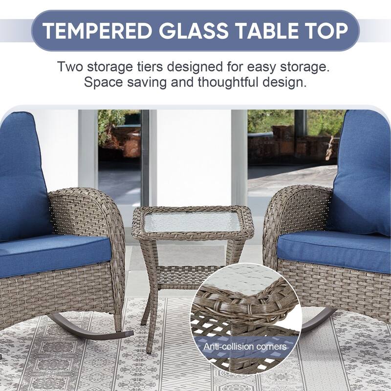 PlainCurve 3-Piece Wicker Outdoor Patio Conversation Set with Rocking Chairs and Olefin Cushions