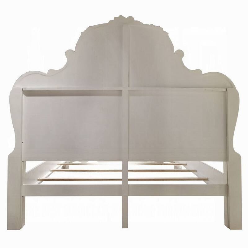 Ally King Bed, Decorative Carved Accent Inlay, Bone White Wood, Silver