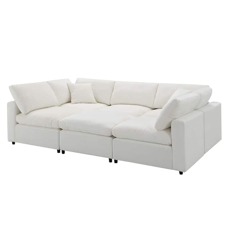 Beige 130" Chenille Cloud Upholstered Modular U-Shaped Sleeper Sectional Sofa, 6-Piece Free Combination with Removable Ottoman