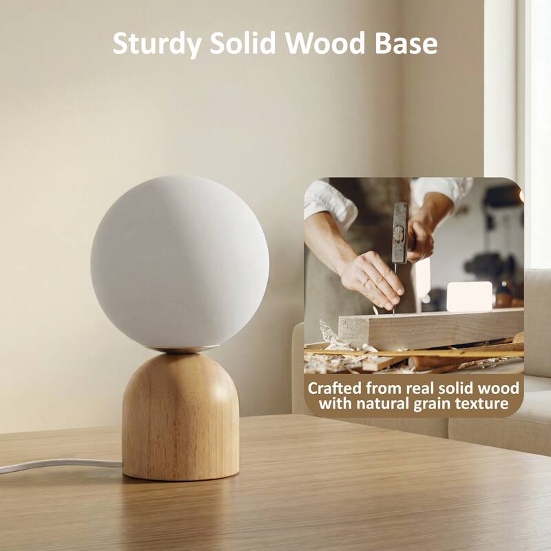 9.84'' Modern Opal Glass Globe Table Lamp with Solid Rubber Wood Base, Rotary Dimmer Switch (Bulb Not Included)