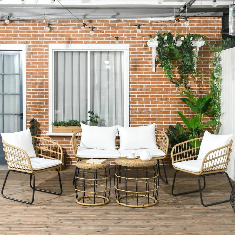 5PC PE Rattan Outdoor Furniture Set with Cushioned Chairs,Sofa,Table - Cream White