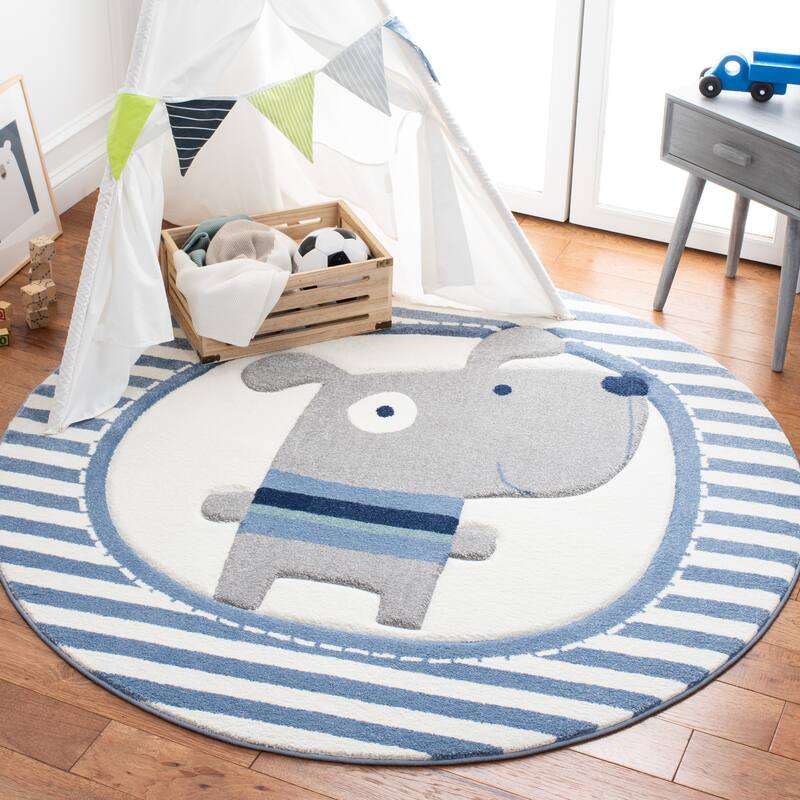 SAFAVIEH Carousel Kids Basimah Stripe Dog Rug - 5'3" Round - Ivory/Blue