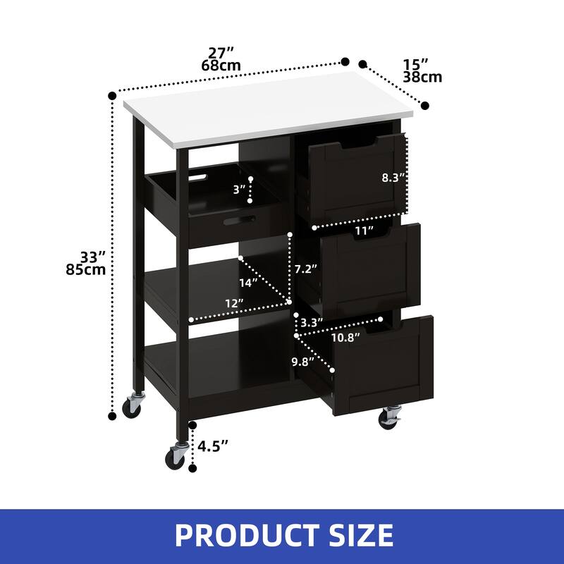 Moasis Rolling Kitchen Bar Trolley Serving Cart with 3 Drawers and Wheels