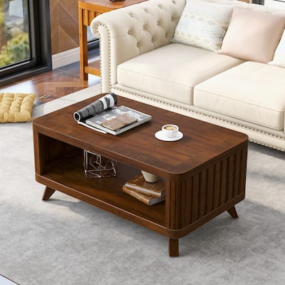 Rectangular Wooden Coffee Table Wooden Center Coffee Table with Open Storage Shelf Solid Wood Legs for Living Room