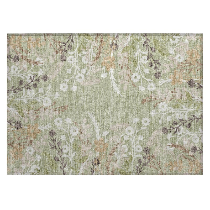 Machine Washable Indoor/ Outdoor Floral Border Chantille Rug