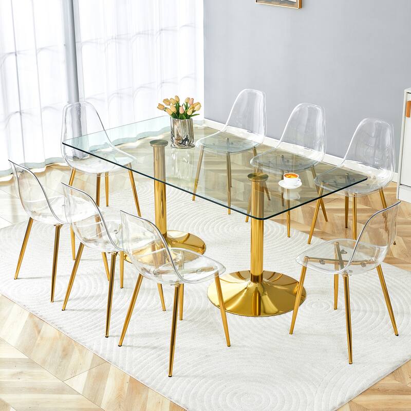71" Dining Table Set for 6-8, Rectangular Kitchen Table with Transparent Plastic Chairs, Modern Glass Dining Room Table Set - Gold,Transparent - 9 Piece