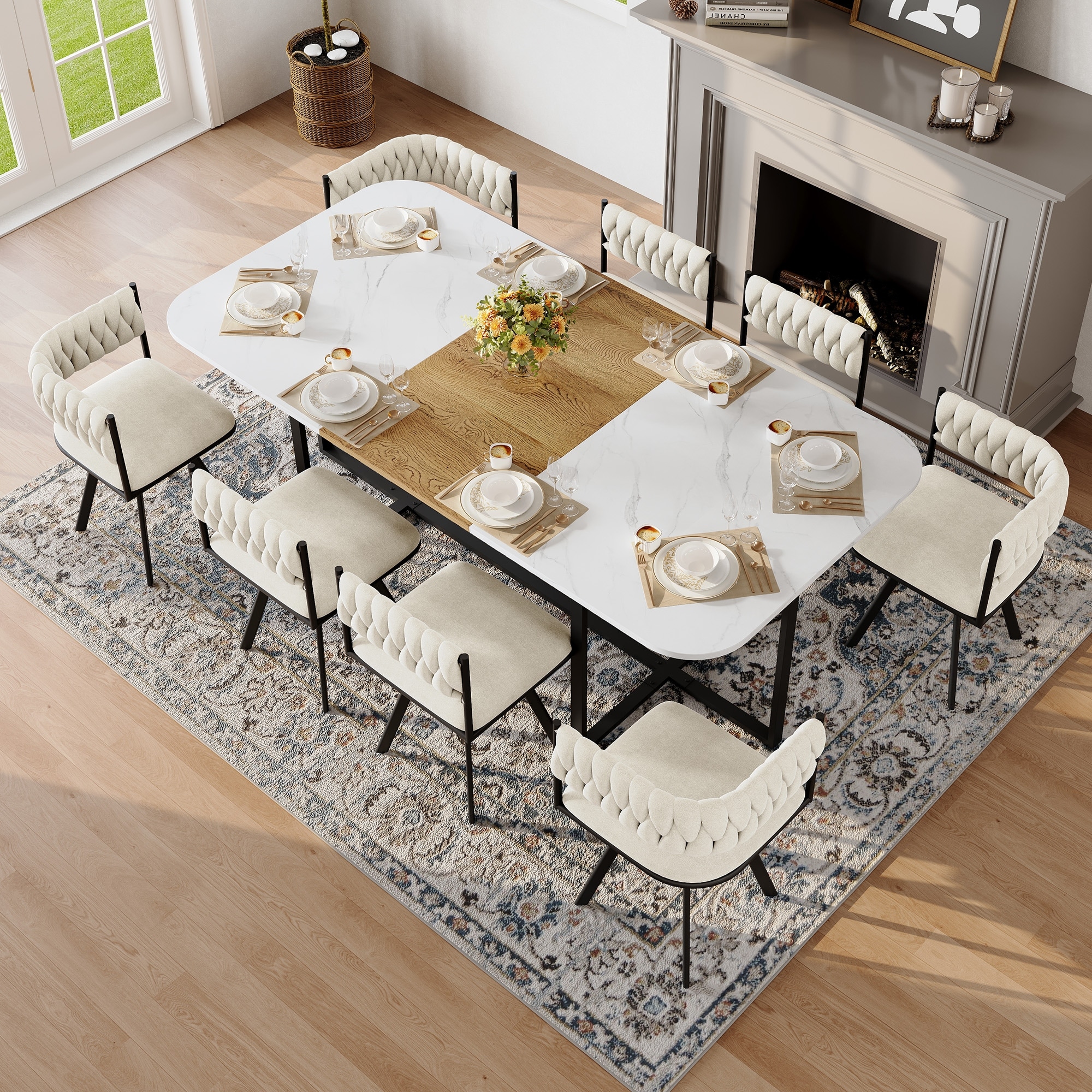 9-Piece Kitchen Table Set with 8 Velvet Dining Chairs