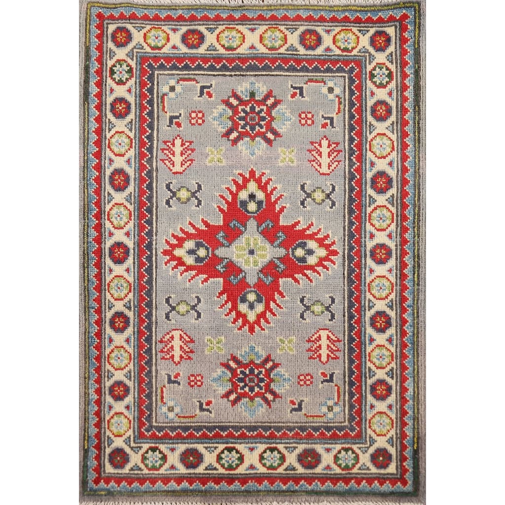 Geometric Kazak Oriental Accent Rug Grey Hand-Knotted Wool Carpet - 2'0" x 3'0"