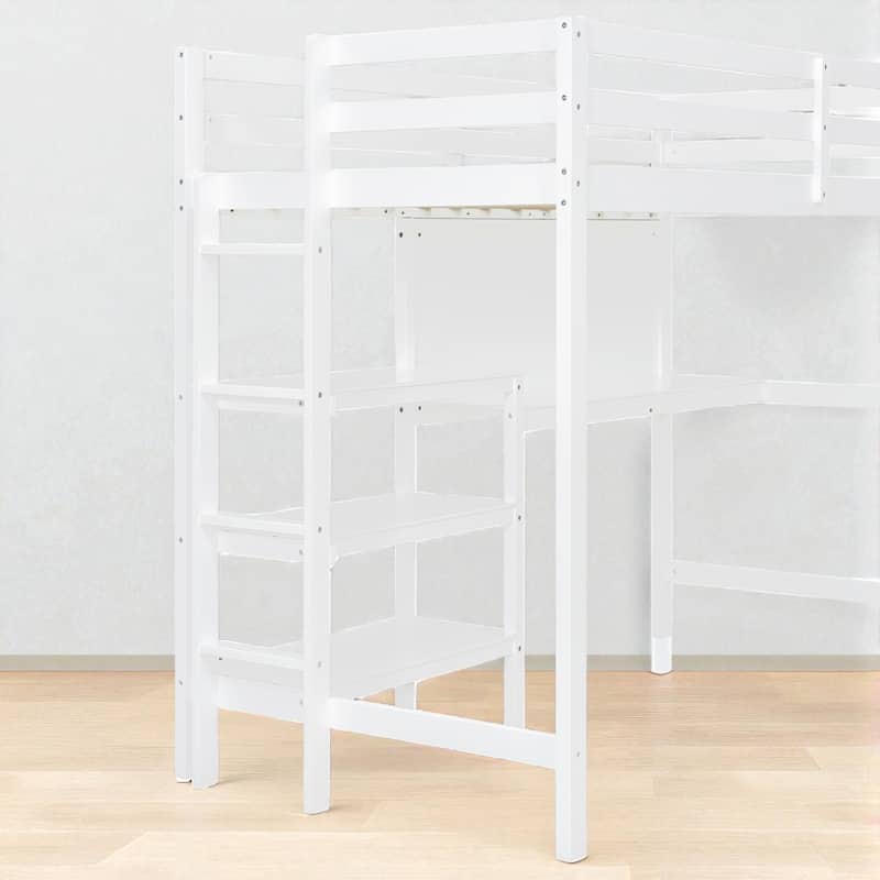 Twin Size Wooden Loft Bed with Desk, Shelves and Writable Board, Space Saving Work and Sleep Station